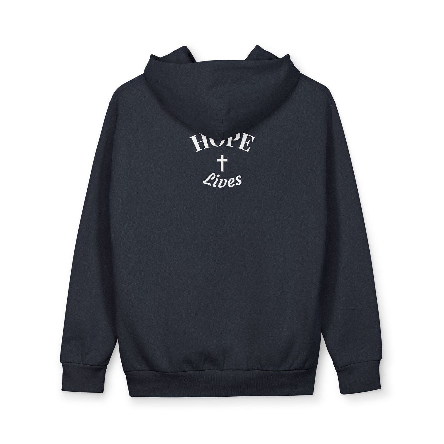 Navy blue hoodie with white text 'HOPE' and 'Lives' separated by a cross on the back