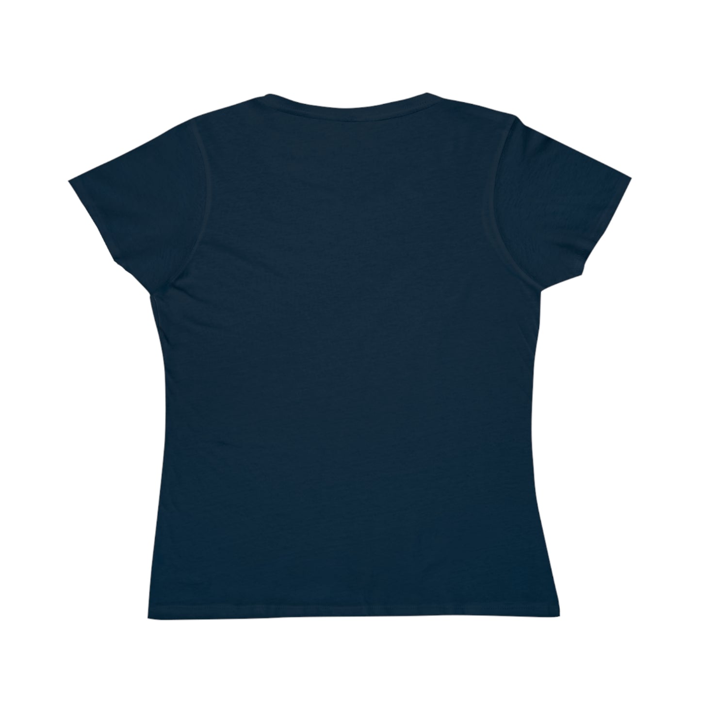 Plain navy blue women's short sleeve t-shirt, back view, casual cotton fabric