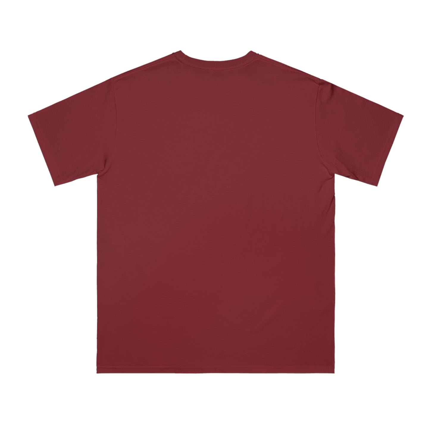 Plain maroon short-sleeve cotton t-shirt laid flat showing back view with crew neck