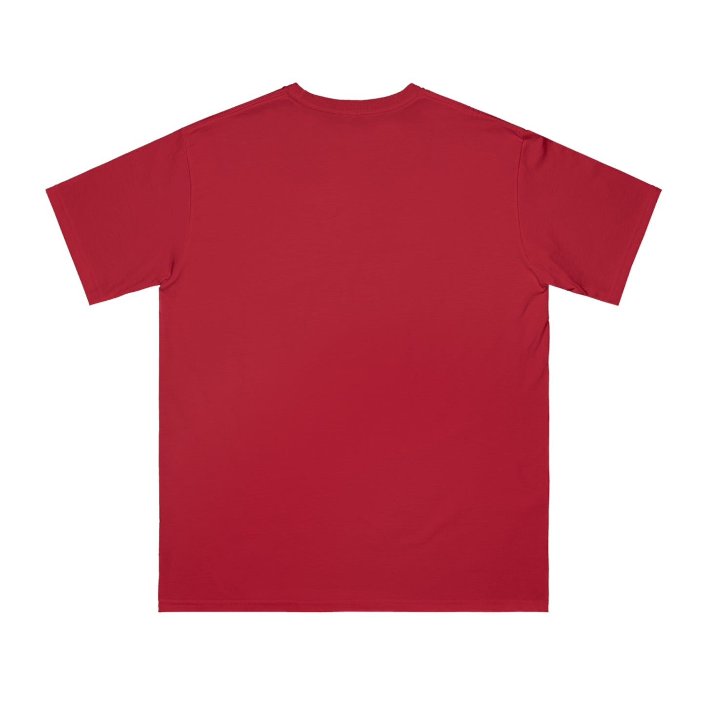 Plain red short-sleeve cotton t-shirt laid flat showing the back view on white background