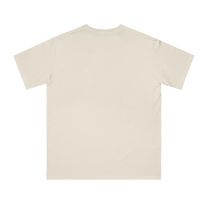 Plain beige short-sleeve cotton t-shirt laid flat showing back side