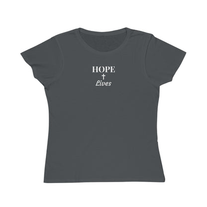Dark gray women's t-shirt with white text 'HOPE + Lives' and cross graphic on front
