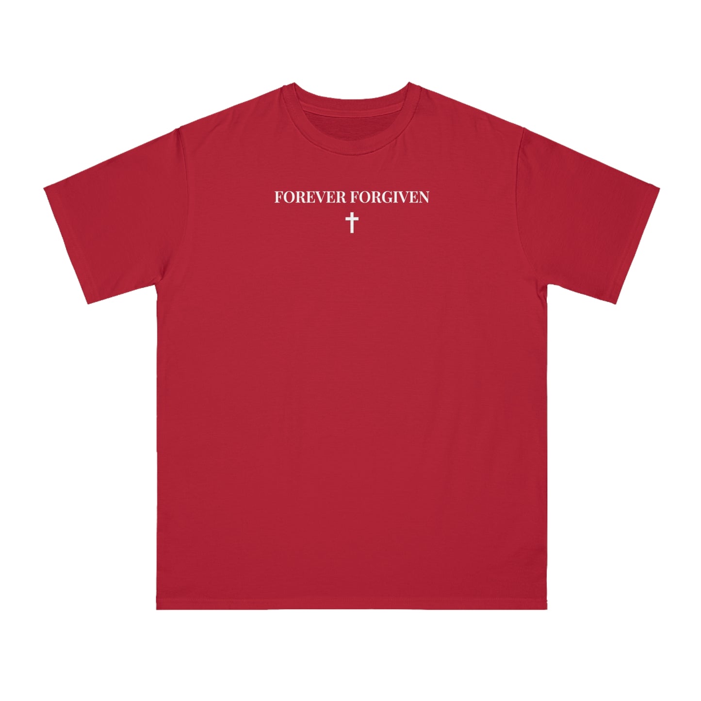 Red short-sleeve t-shirt with white text 'FOREVER FORGIVEN' and small cross graphic