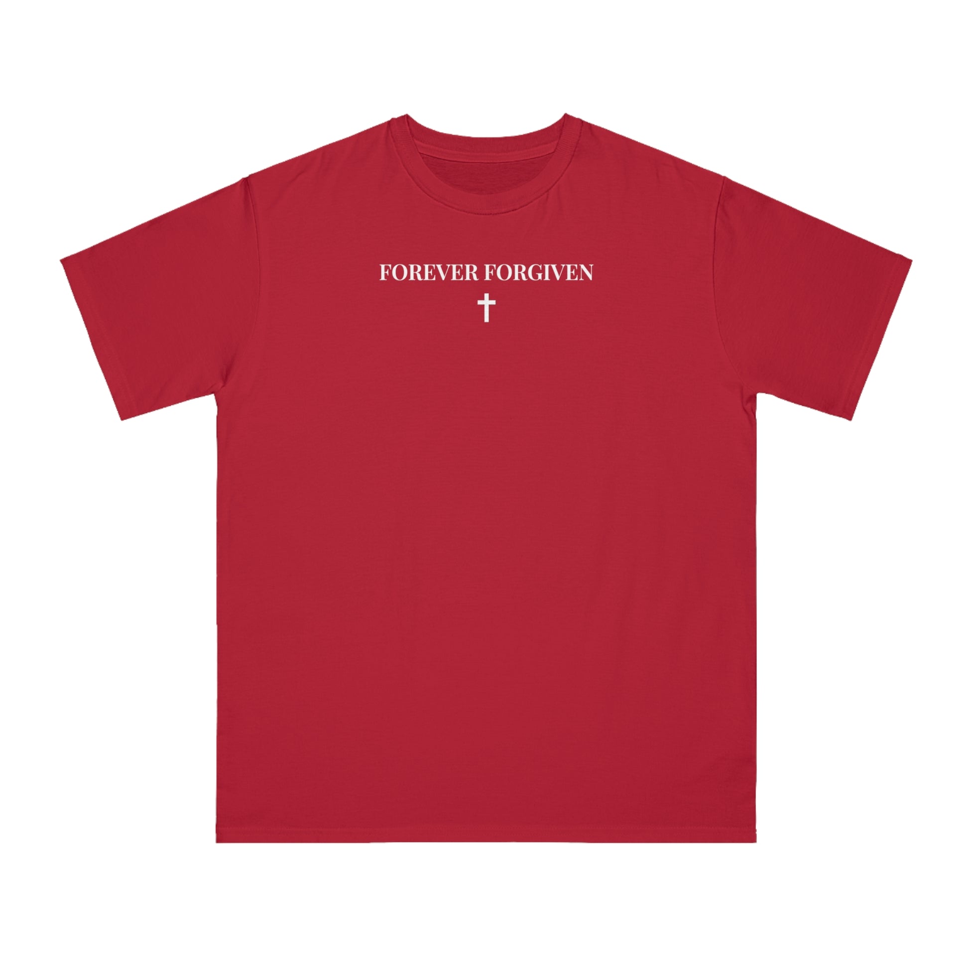 Red short-sleeve t-shirt with white text 'FOREVER FORGIVEN' and small cross graphic