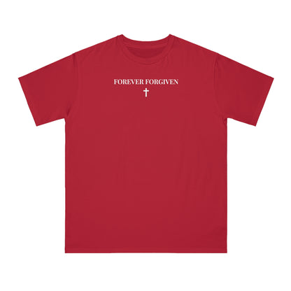 Red short-sleeve t-shirt with white text 'FOREVER FORGIVEN' and small cross graphic