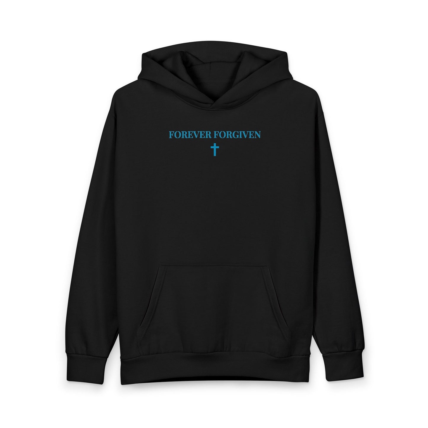 Black hoodie with blue text "FOREVER FORGIVEN" and a cross symbol on chest