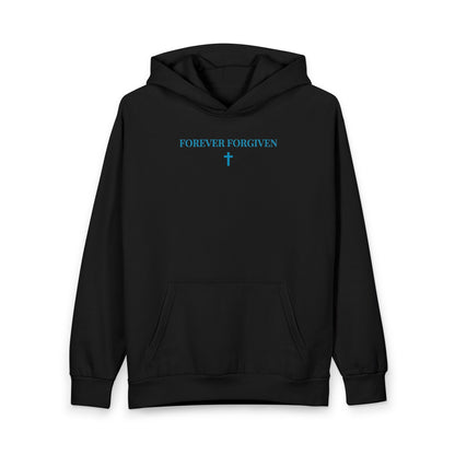 Black hoodie with blue text "FOREVER FORGIVEN" and a cross symbol on chest