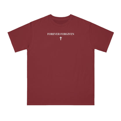 Maroon t-shirt with white text 'FOREVER FORGIVEN' and a small cross graphic
