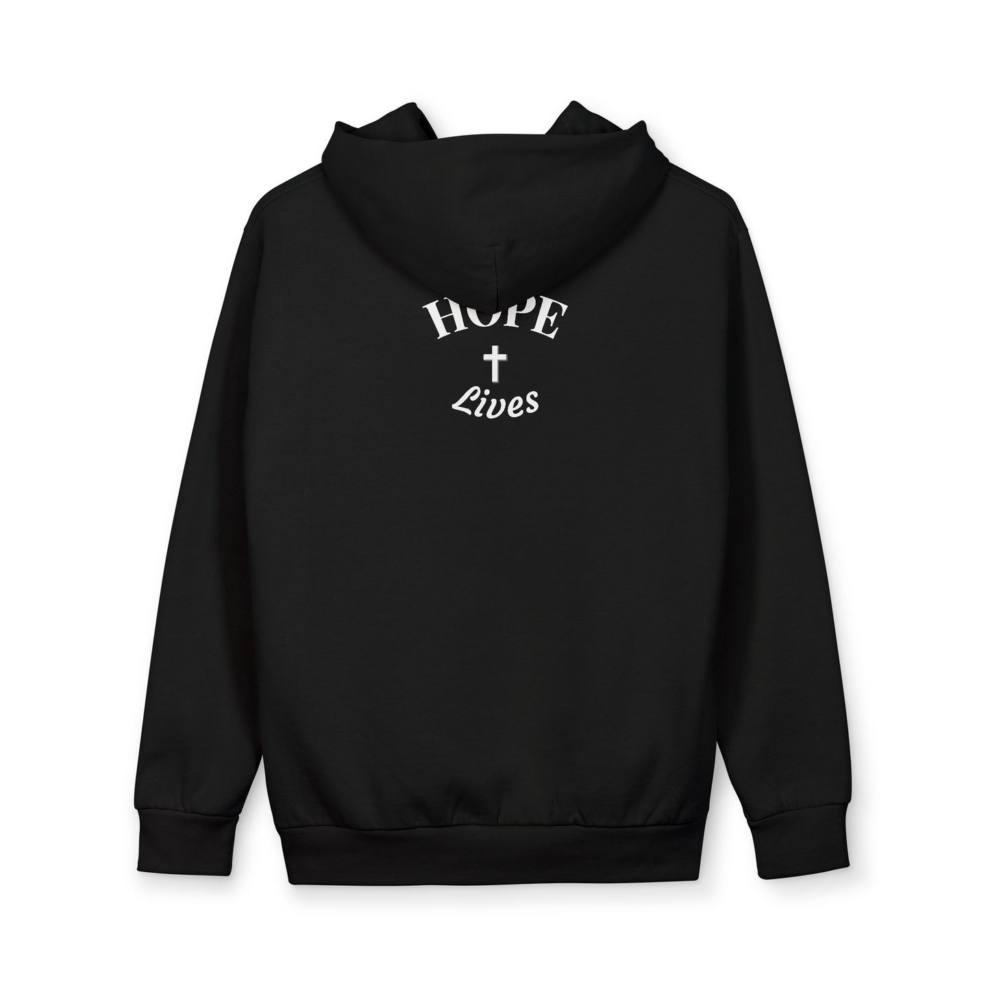 Black hoodie with hood up featuring white text 'HOPE Lives' and a cross on the back