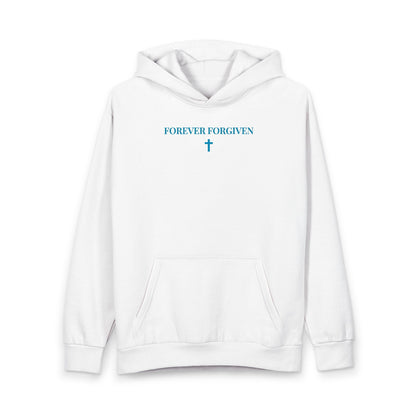 White hoodie with front pocket and teal text saying 'FOREVER FORGIVEN' above a cross graphic
