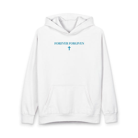 White hoodie with front pocket and teal text saying 'FOREVER FORGIVEN' above a cross graphic