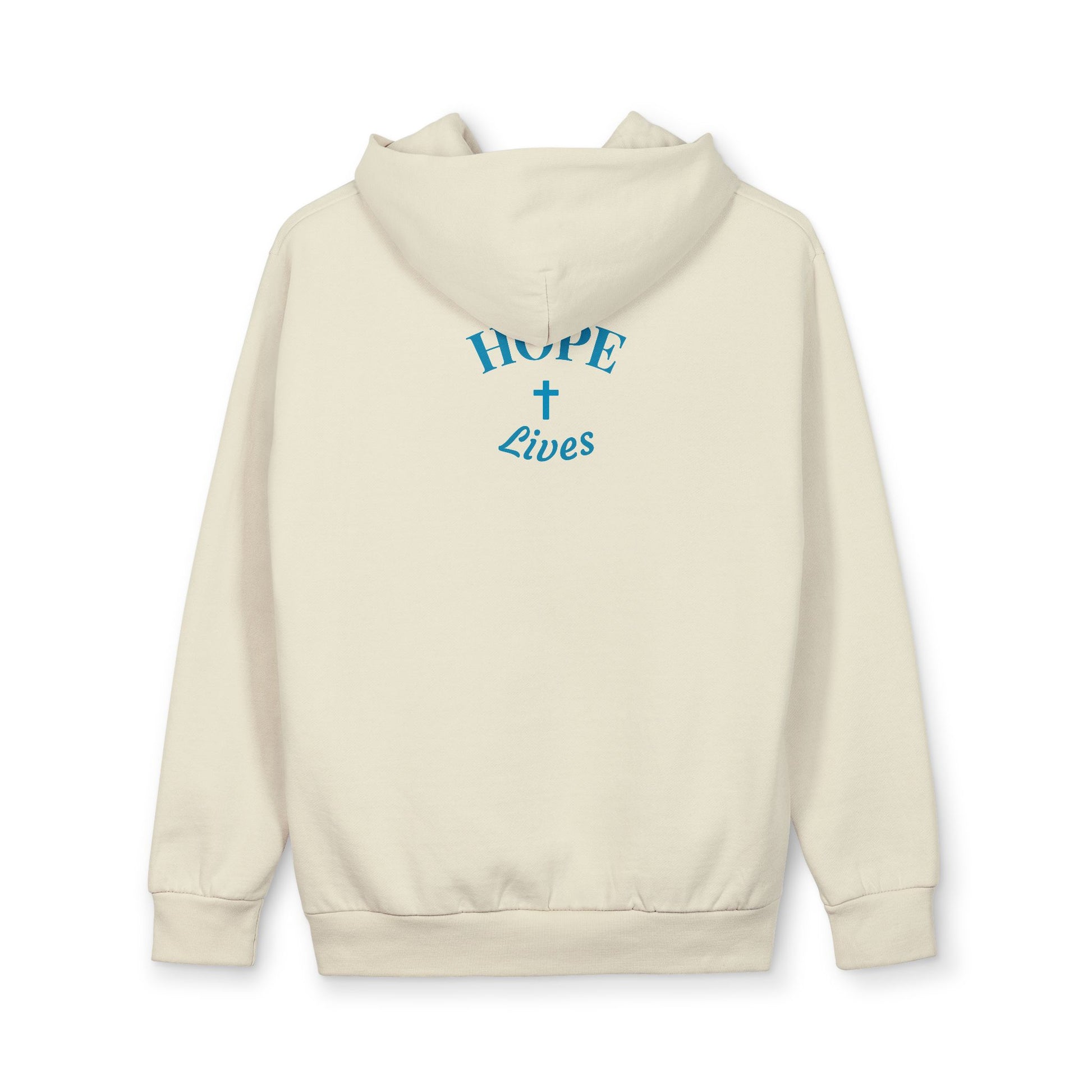 Beige hoodie with blue text "HOPE Lives" and cross graphic on back