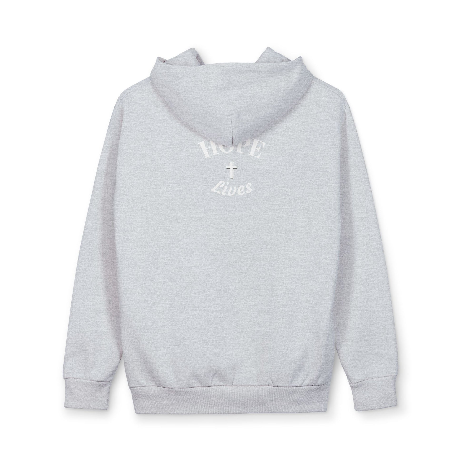 Light gray hoodie with white text 'HOPE lives' and cross symbol on the back