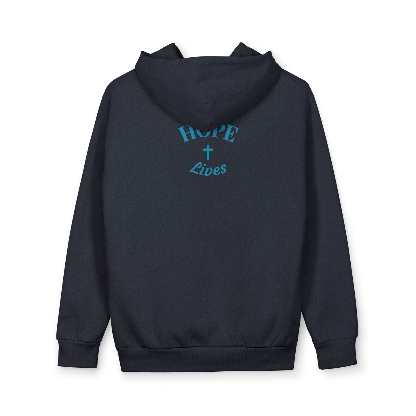 Black hoodie with blue text 'HOPE Lives' and a cross graphic on the back