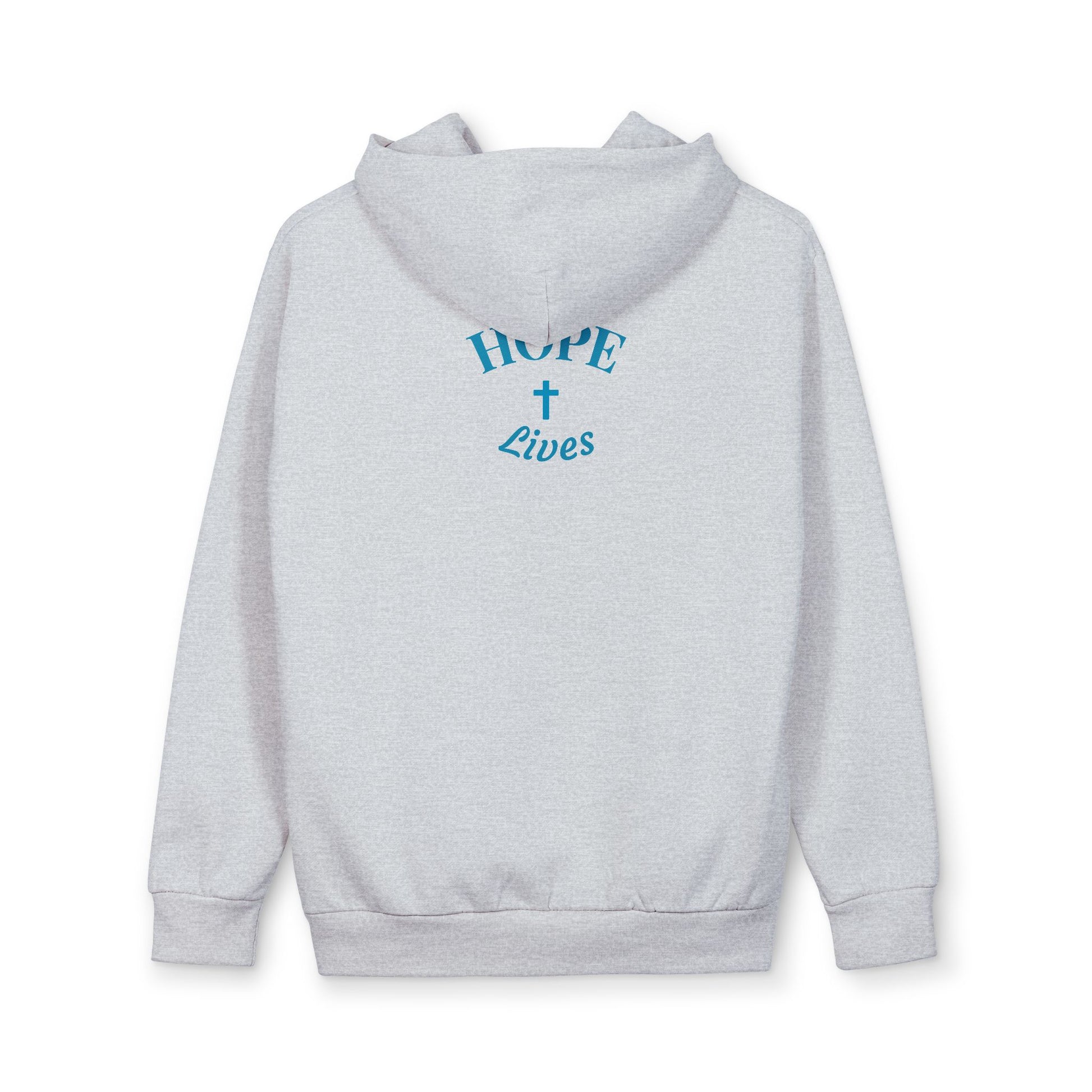 Light gray hoodie with blue text 'HOPE Lives' and cross graphic on back