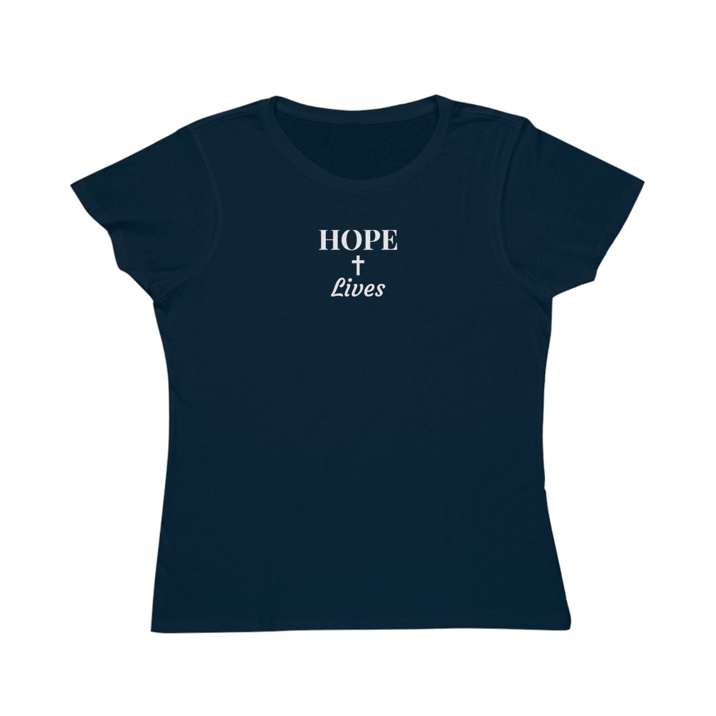 Navy blue women's t-shirt with Hope Lives text and Christian cross graphic