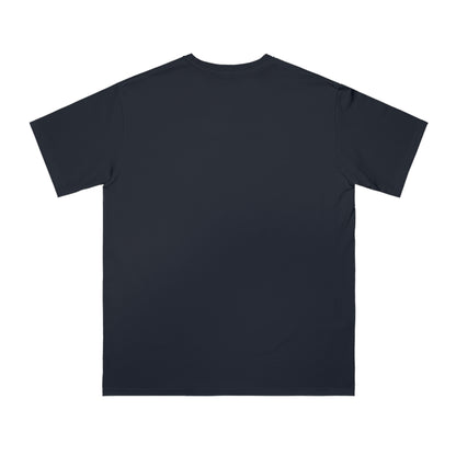 Plain dark navy blue short-sleeve t-shirt shown from the back on white background