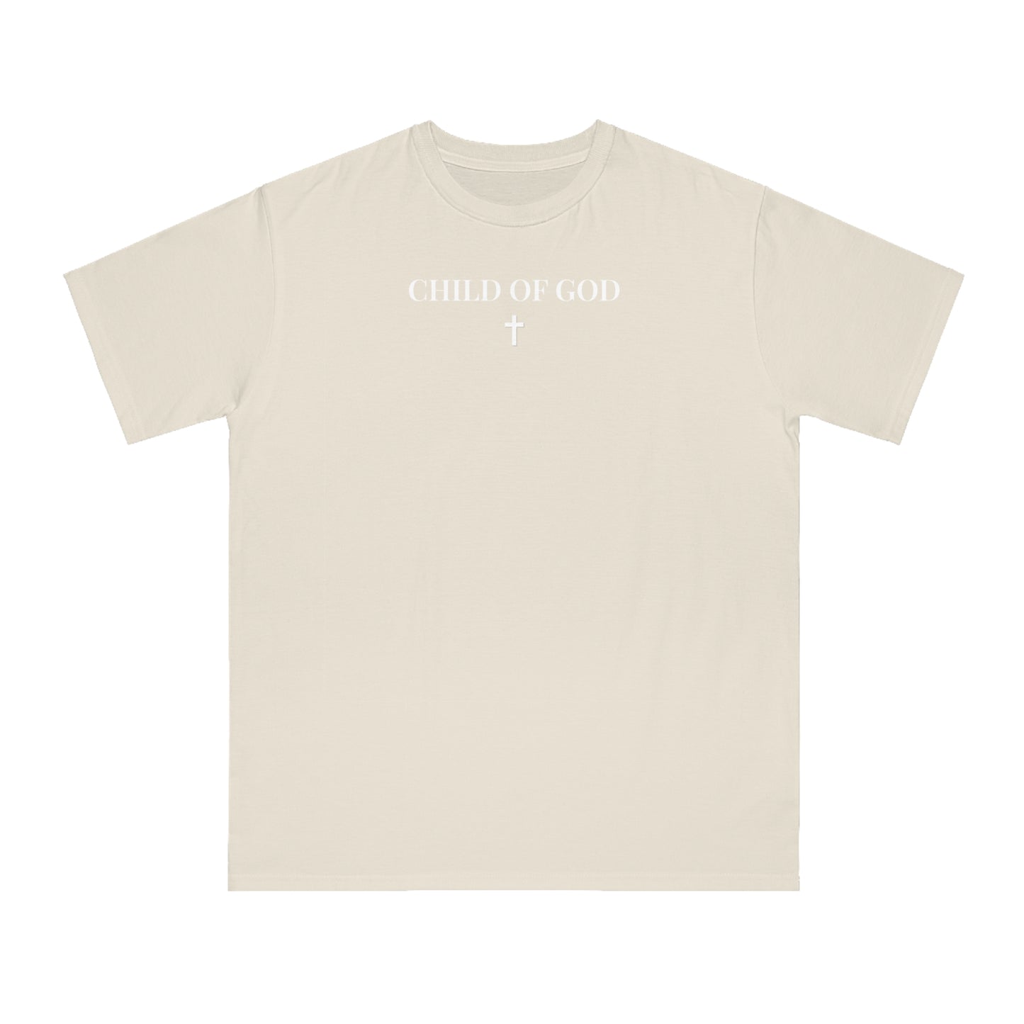 Beige short-sleeve T-shirt with white text 'CHILD OF GOD' and a cross graphic on chest