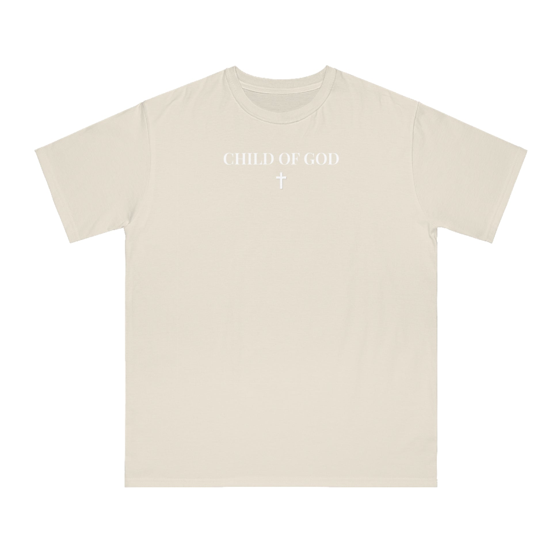 Beige short-sleeve T-shirt with white text 'CHILD OF GOD' and a cross graphic on chest