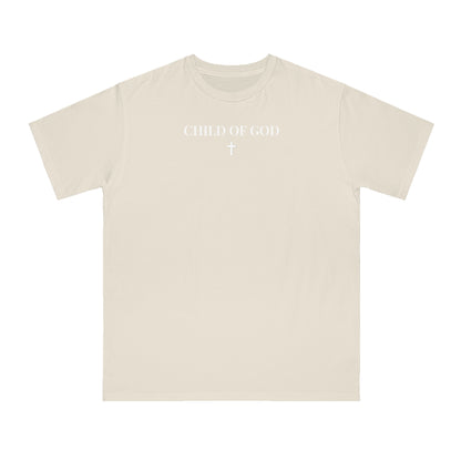Beige short-sleeve T-shirt with white text 'CHILD OF GOD' and a cross graphic on chest