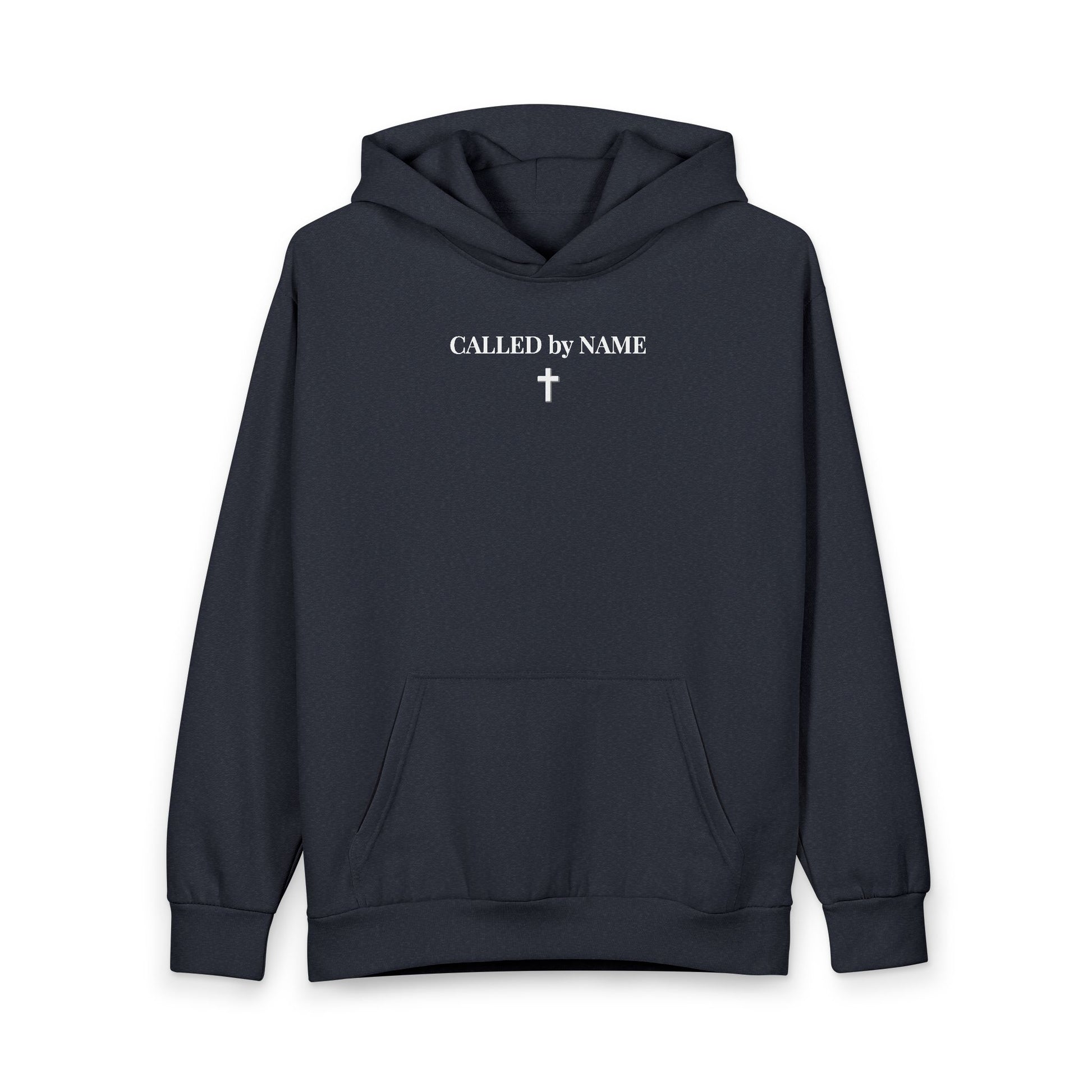 Navy blue hoodie with white text 'CALLED by NAME' and a cross graphic on the chest