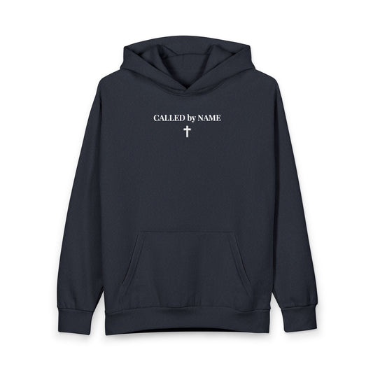 Navy blue hoodie with white text 'CALLED by NAME' and a cross graphic on the chest