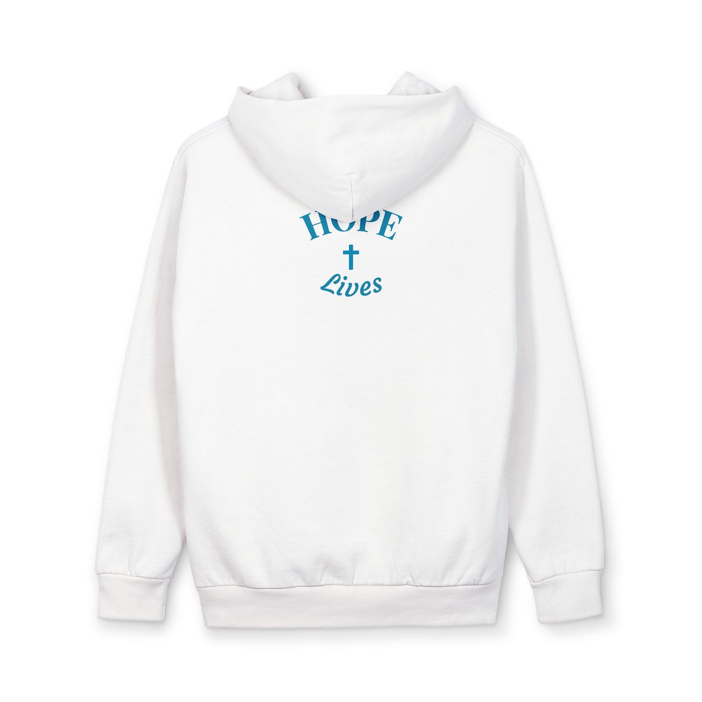 White hooded sweatshirt with blue text and cross graphic reading Hope Lives on back