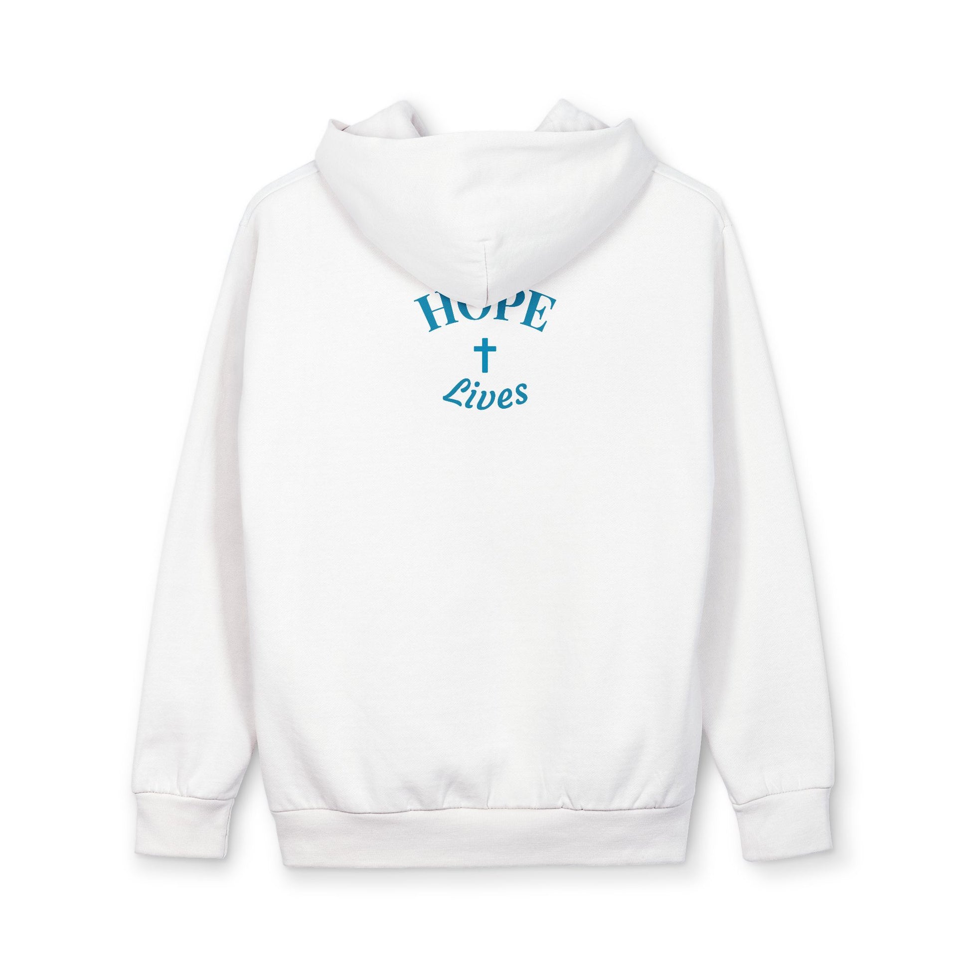 White hooded sweatshirt with blue text and cross graphic reading Hope Lives on back