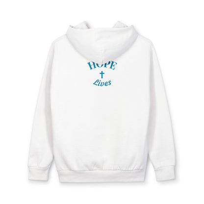 White hooded sweatshirt with blue text and cross graphic reading Hope Lives on back