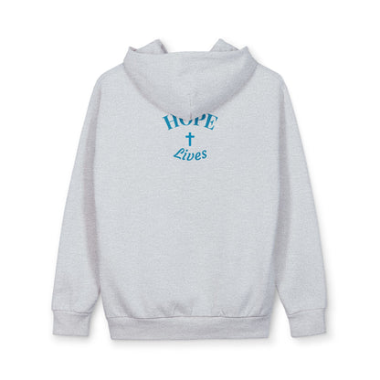 Light gray hoodie with blue text 'HOPE Lives' and a cross on the back in a clean studio setting