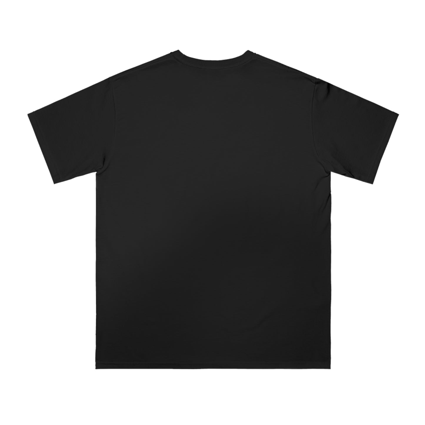 Black short-sleeve crew neck t-shirt shown from the back on white background