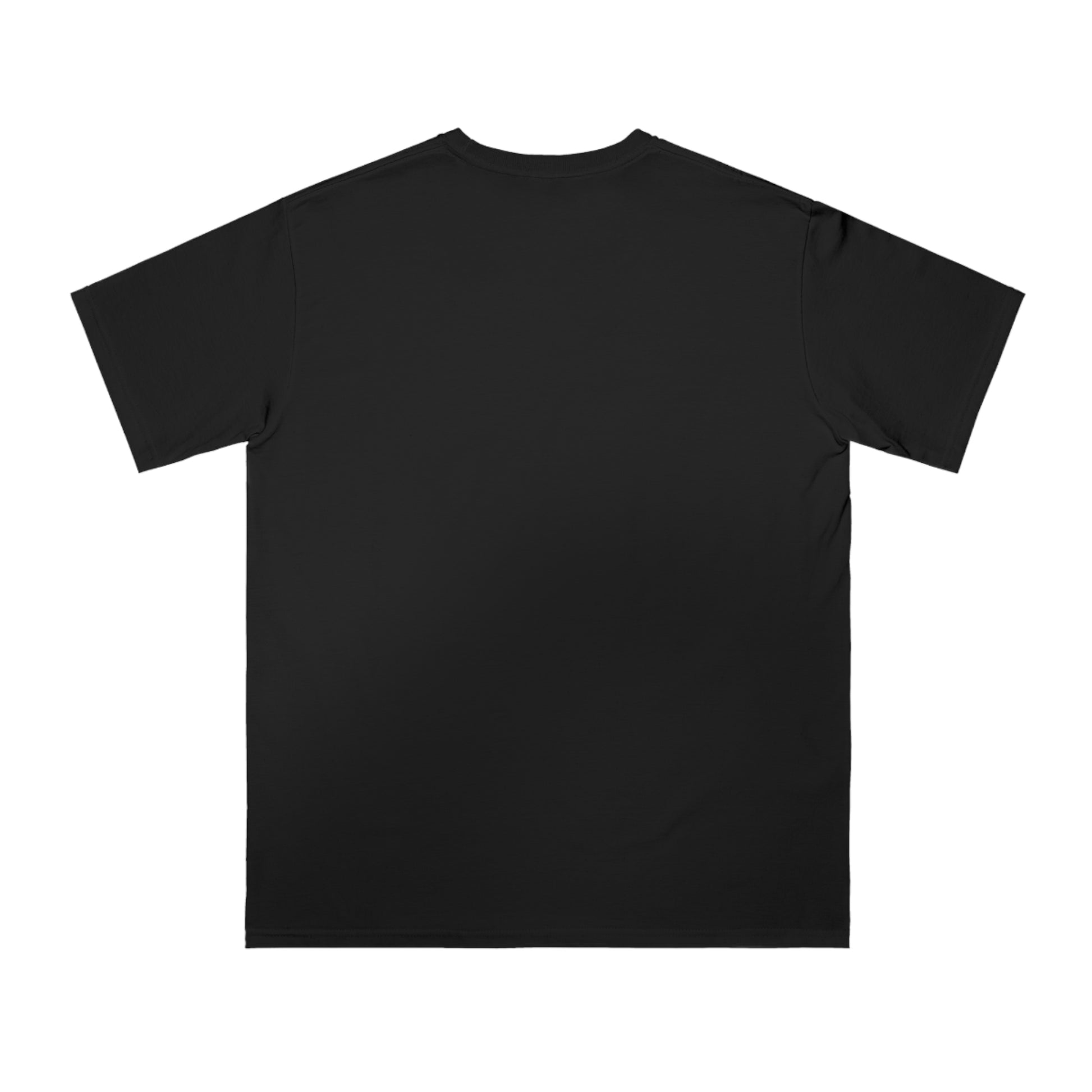 Black short-sleeve crew neck t-shirt shown from the back on white background