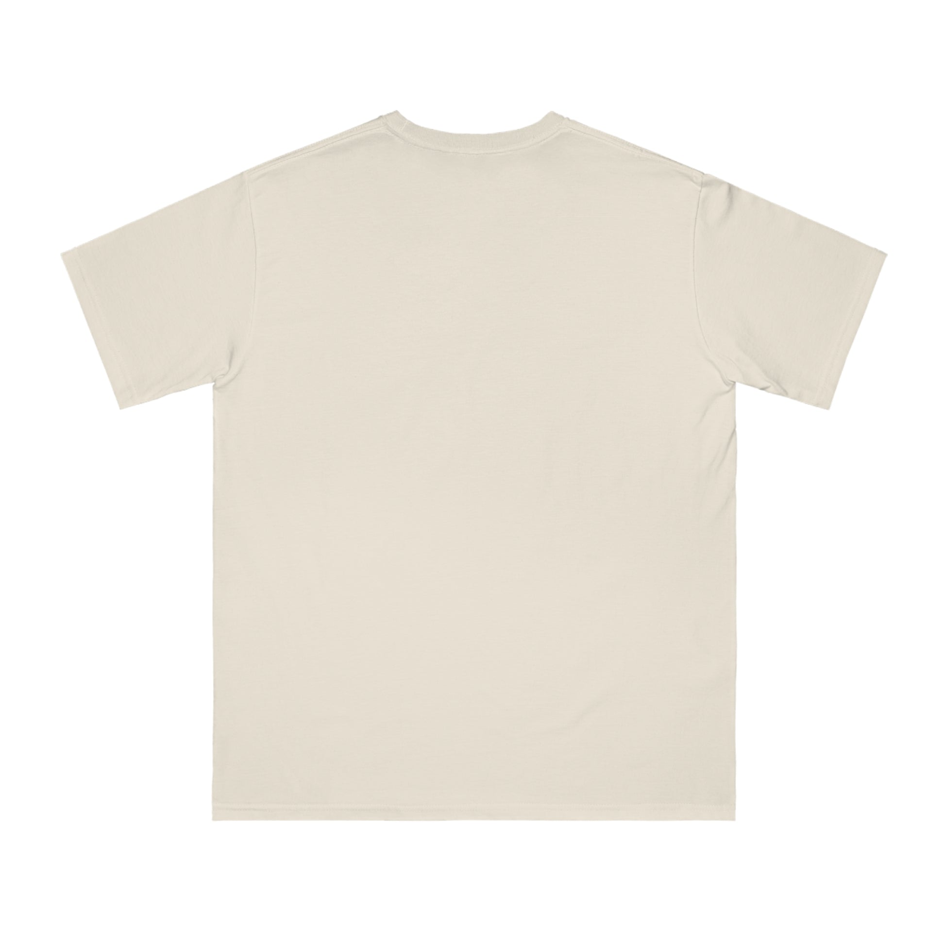 Plain beige cotton t-shirt with short sleeves shown from the back on white background