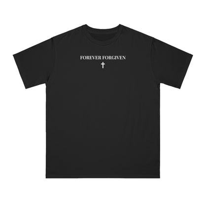 Black t-shirt with white text 'FOREVER FORGIVEN' and a small cross graphic below it