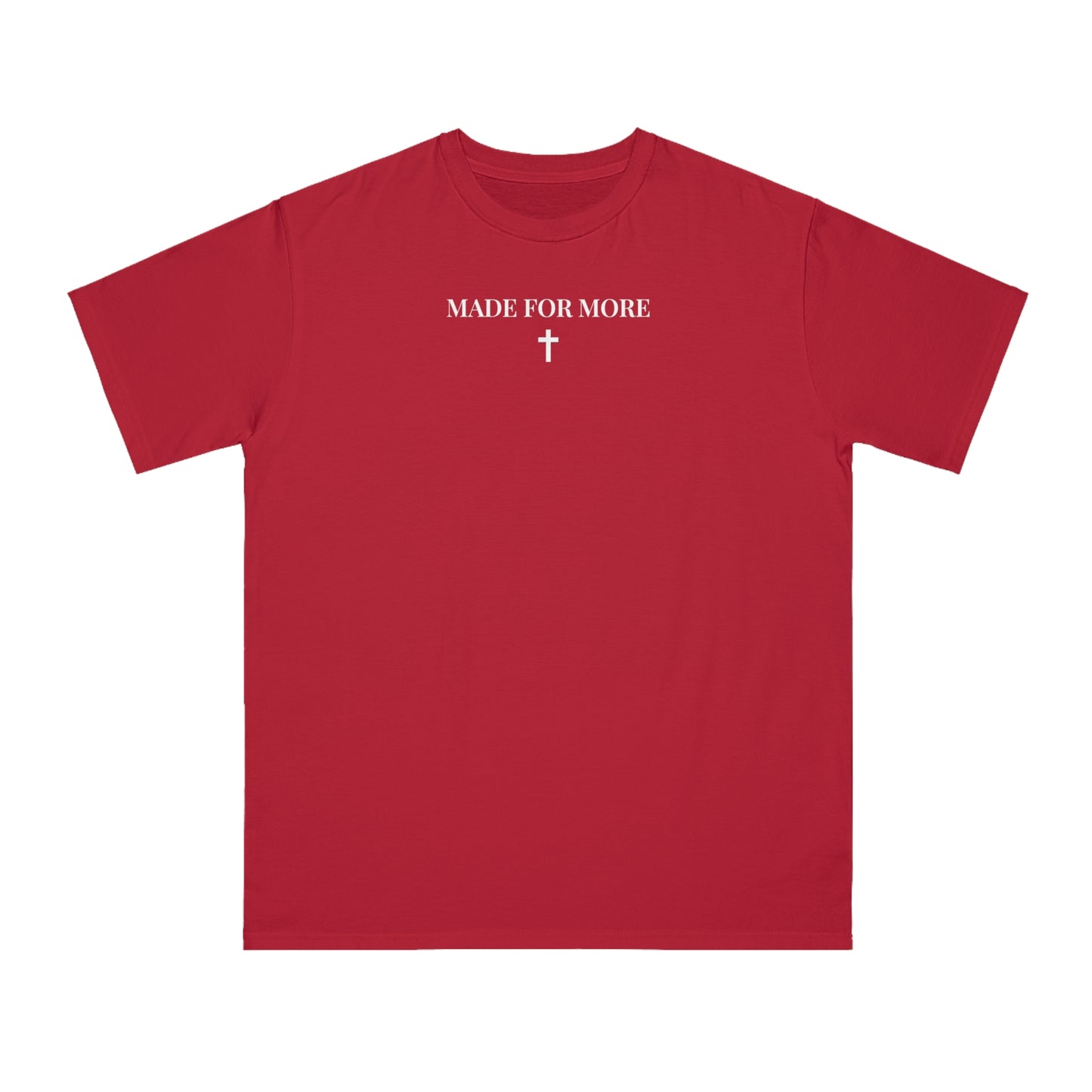 Red short-sleeve t-shirt with white 'MADE FOR MORE' text and cross graphic on chest