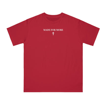 Red short-sleeve t-shirt with white 'MADE FOR MORE' text and cross graphic on chest