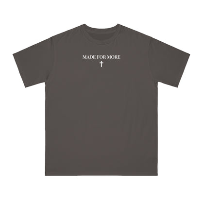 Dark gray short sleeve t-shirt with white text "MADE FOR MORE" and a cross graphic on chest