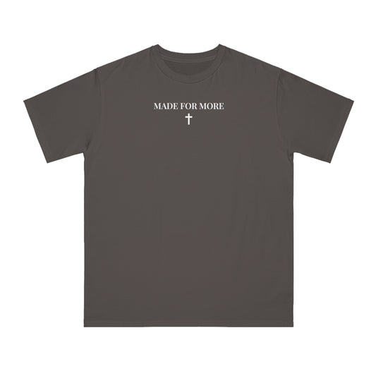 Dark gray short sleeve t-shirt with white text "MADE FOR MORE" and a cross graphic on chest