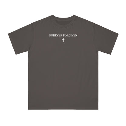 Charcoal gray t-shirt with white text FOREVER FORGIVEN and a small cross graphic in center