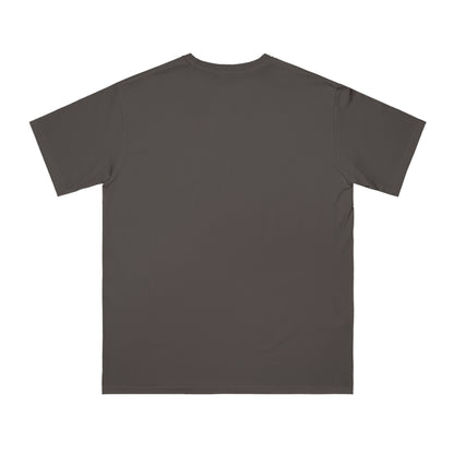 Back view of plain dark gray short sleeve cotton t-shirt on white background