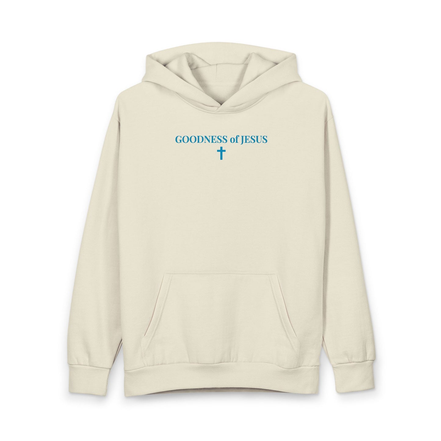 Cream hoodie with blue text 'GOODNESS of JESUS' and a cross symbol on front, featuring kangaroo pocket