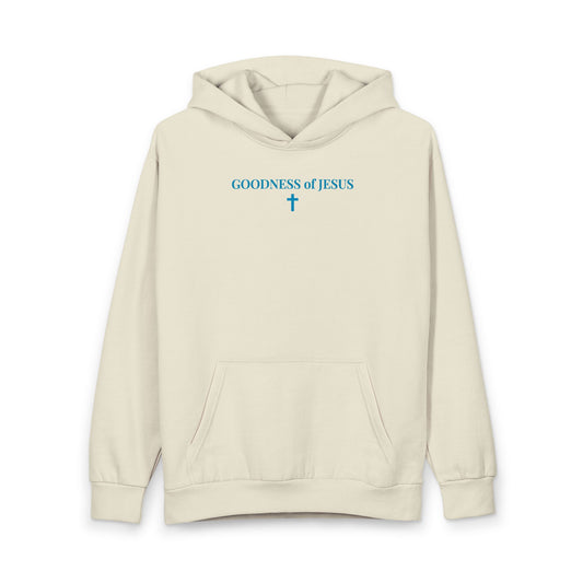 Cream hoodie with blue text 'GOODNESS of JESUS' and a cross symbol on front, featuring kangaroo pocket