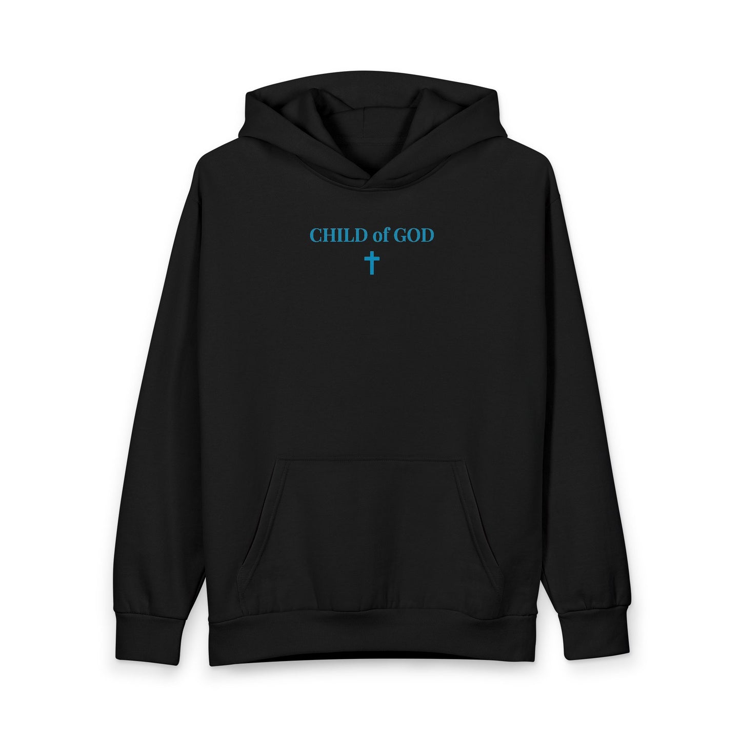 Black hoodie with blue text 'CHILD of GOD' and blue cross graphic on front