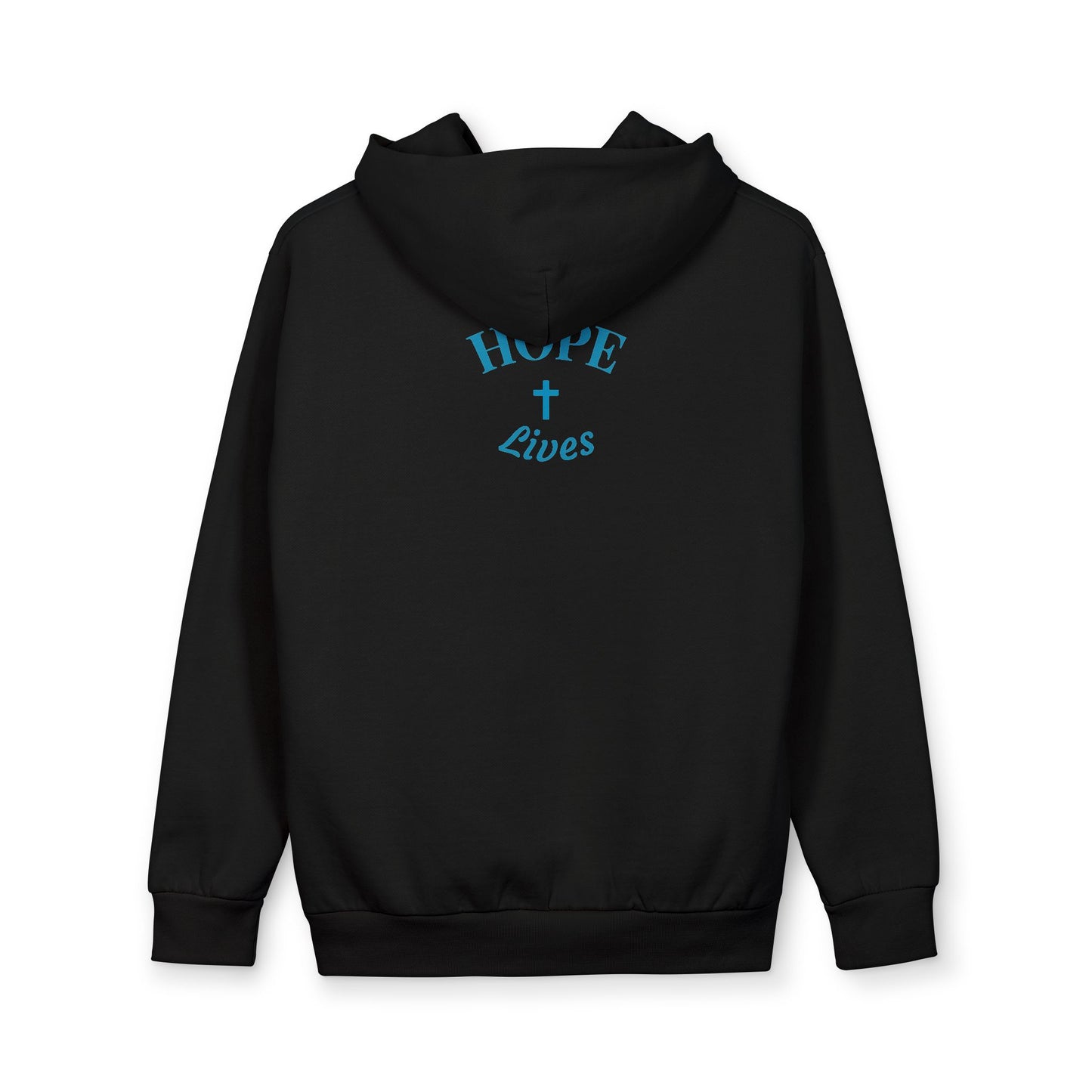 Black hoodie with blue text 'HOPE Lives' and cross symbol on the back