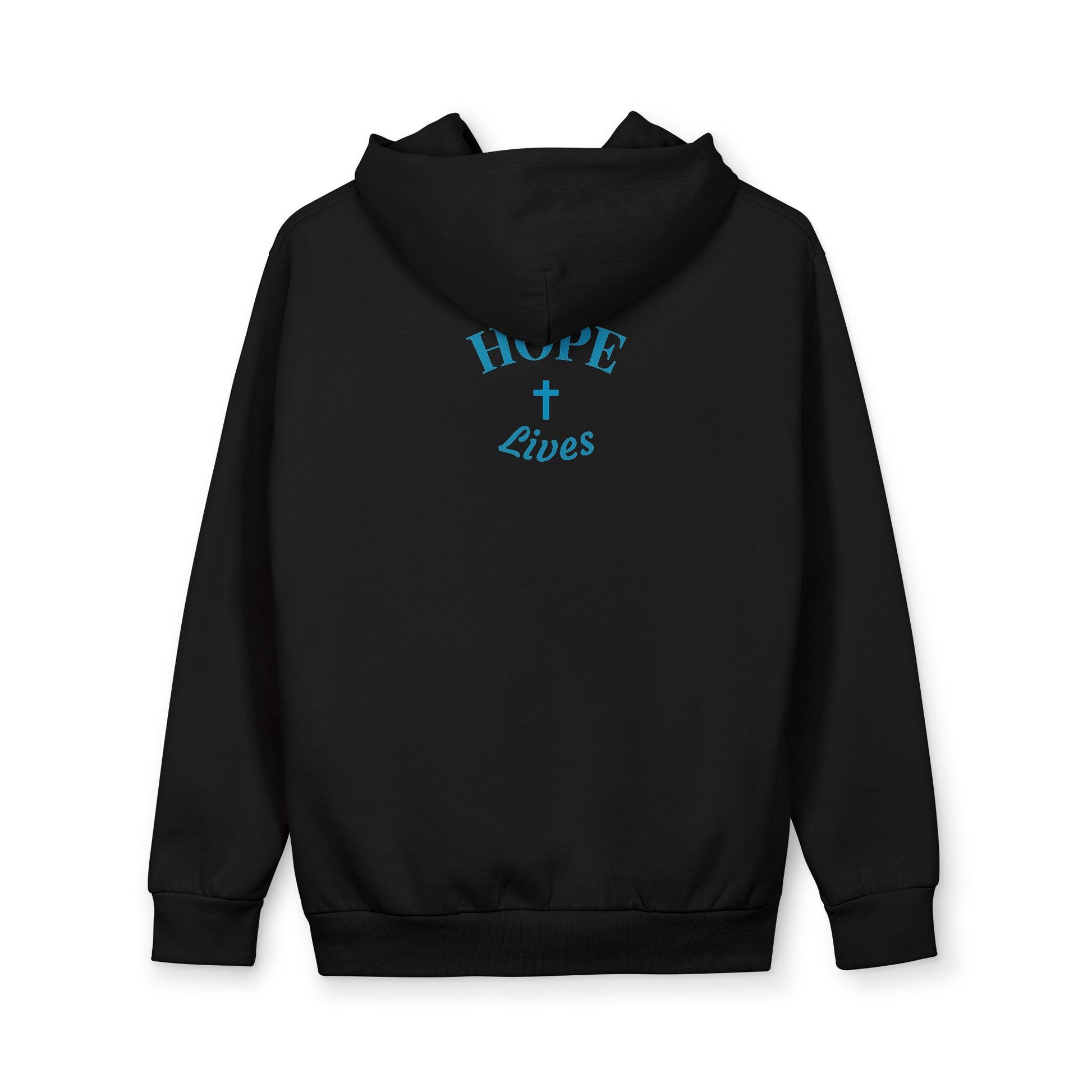 Black hoodie with blue text 'HOPE Lives' and cross symbol on the back