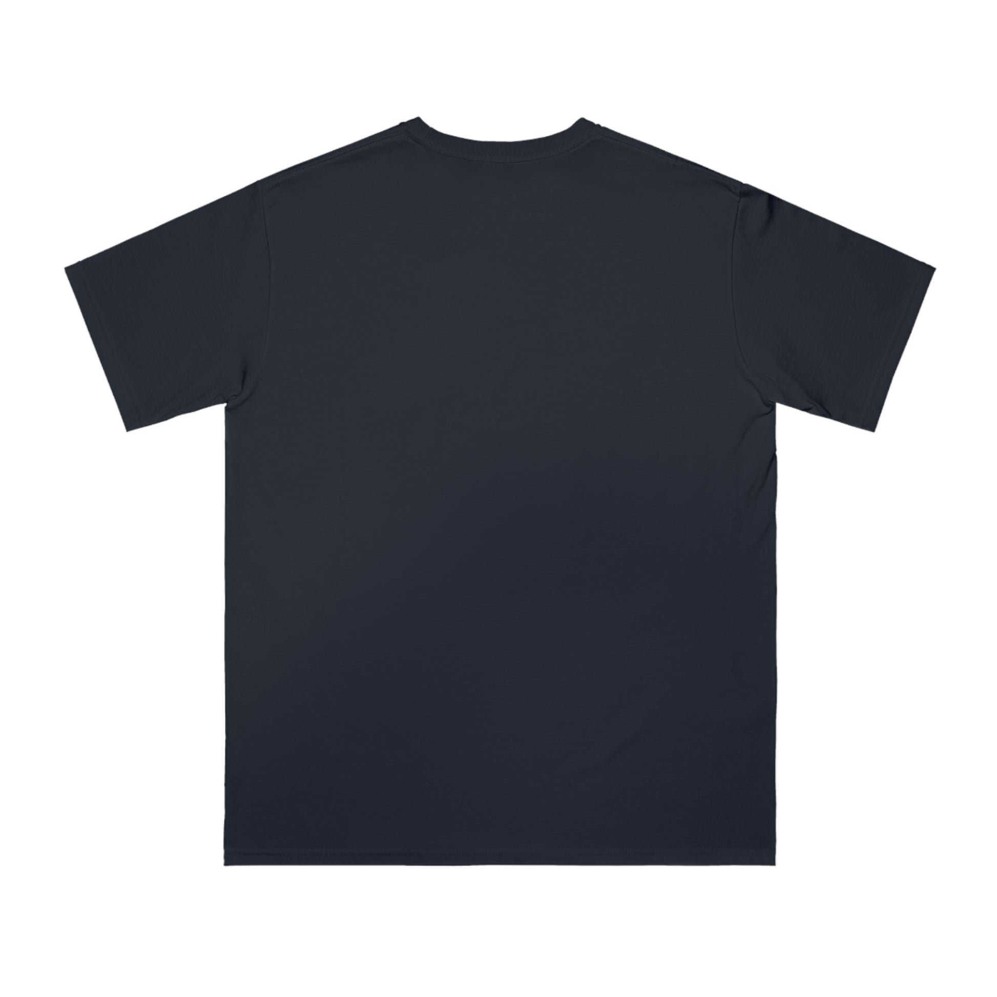 Back view of plain dark navy blue short sleeve t-shirt on white background