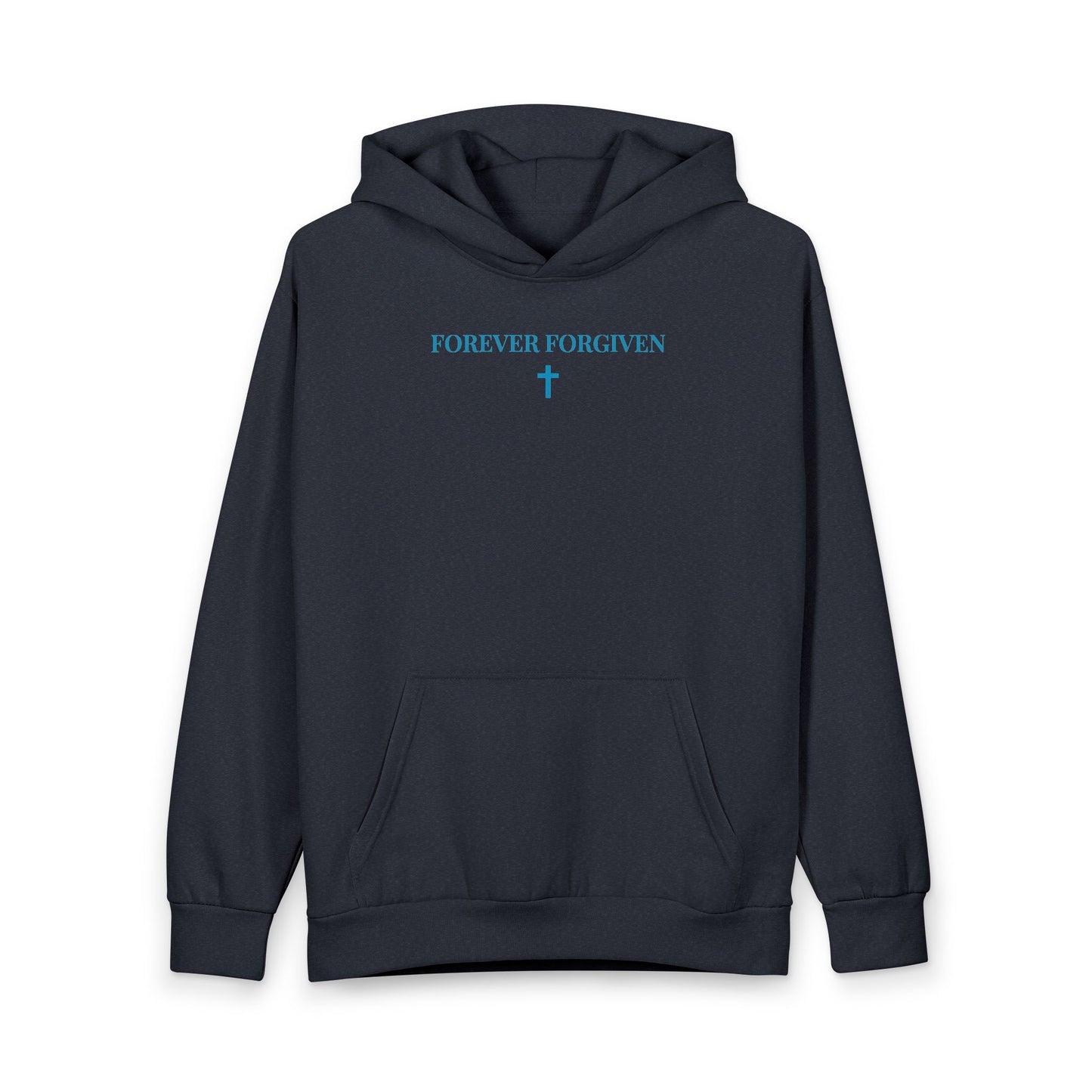 Black hoodie with front pocket and blue text 'FOREVER FORGIVEN' and cross graphic
