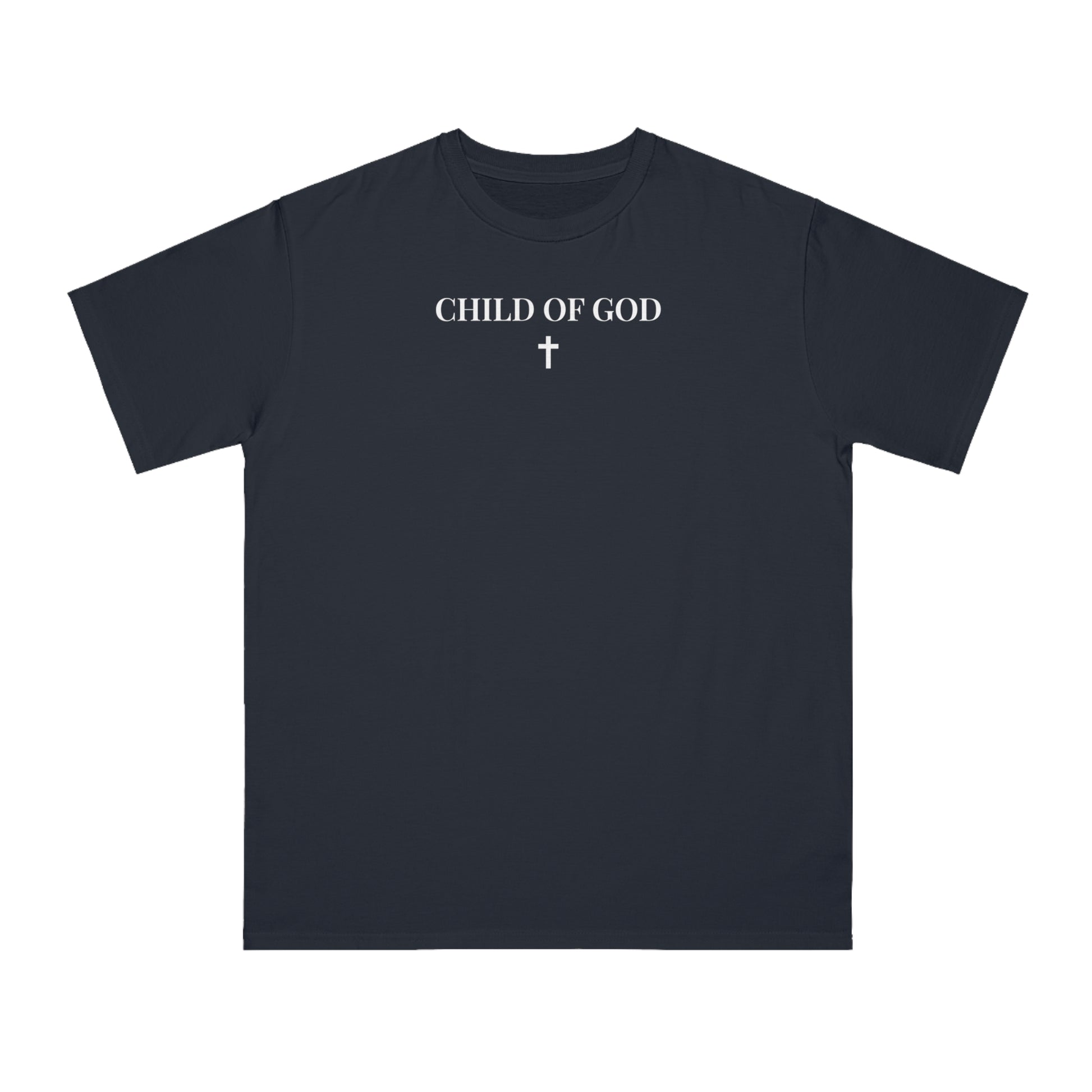 Navy blue t-shirt with white text 'CHILD OF GOD' and a cross graphic on front