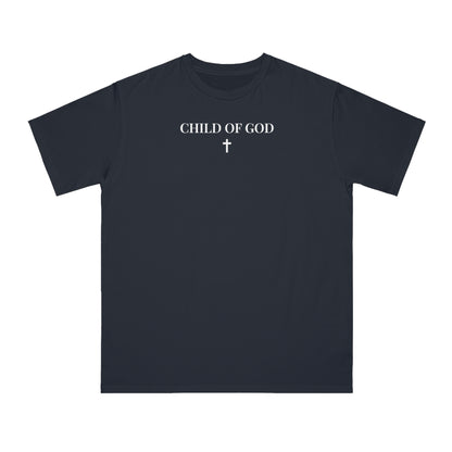 Navy blue t-shirt with white text 'CHILD OF GOD' and a cross graphic on front