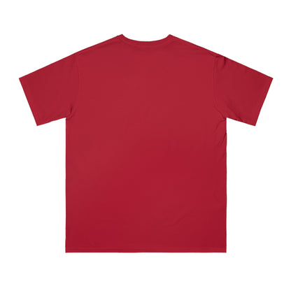 Plain red short sleeve cotton t-shirt laid flat showing back view
